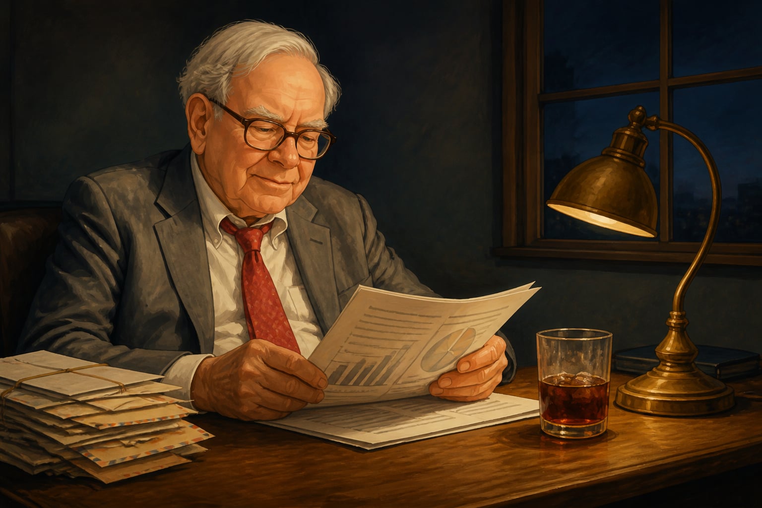 Warren Buffett reading at his Omaha desk in deliberate quiet