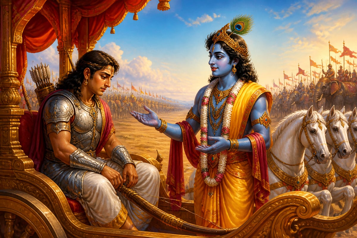Krishna counseling Arjuna freely on the Kurukshetra field