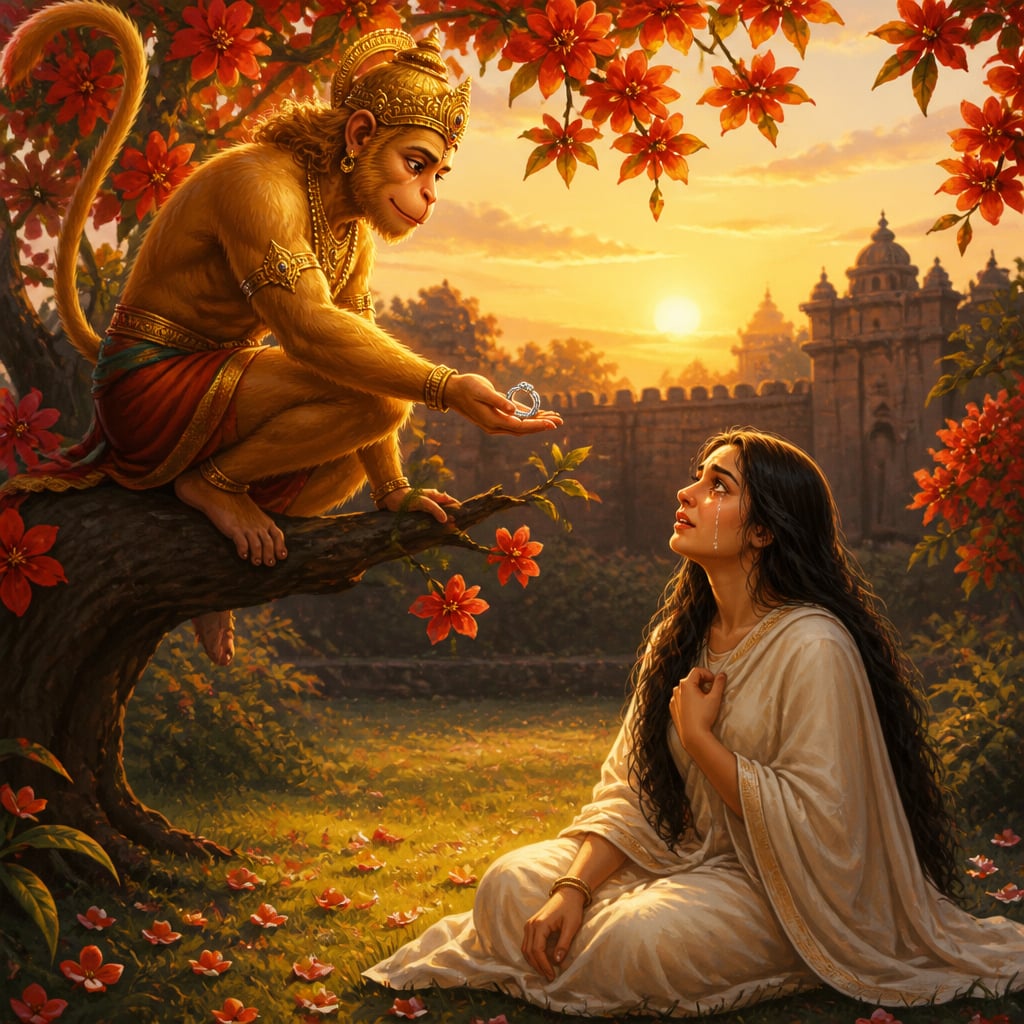 Hanuman offering Rama's ring to Sita in Ashoka grove