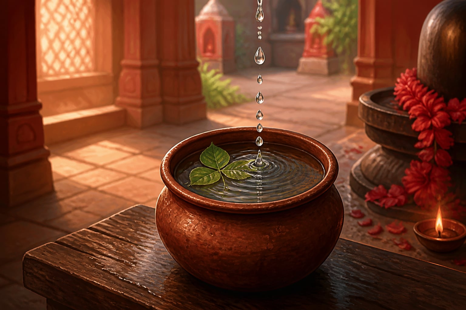 Trust accumulating drop by drop in a temple water vessel