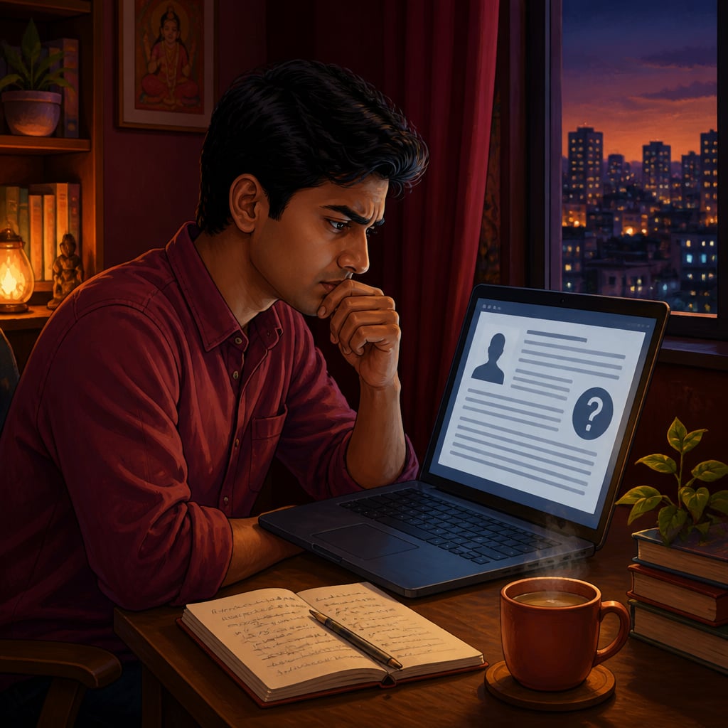 A young Indian reader puzzling over AI-generated text at night