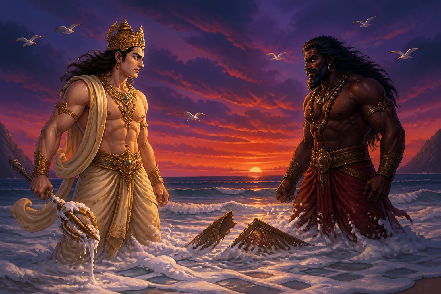 Indra and Namuci at the foam-line of the western sea at twilight