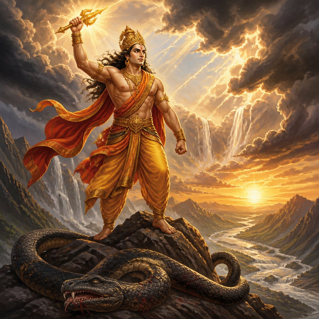 Indra raises the vajra in triumph over the slain Vritra