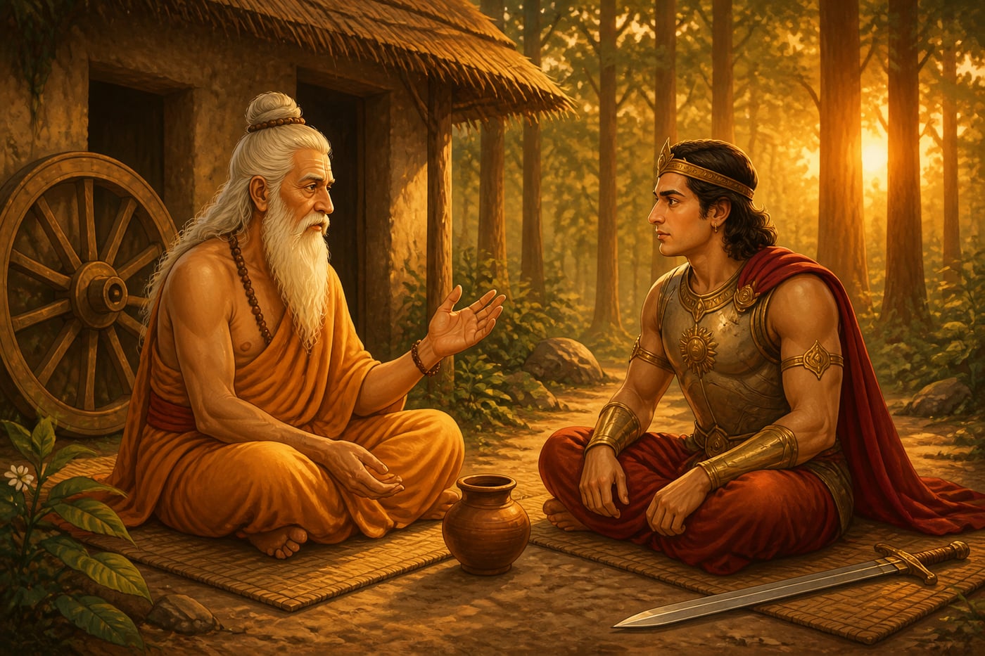 An old Rishi and a young king seated outside a hermitage