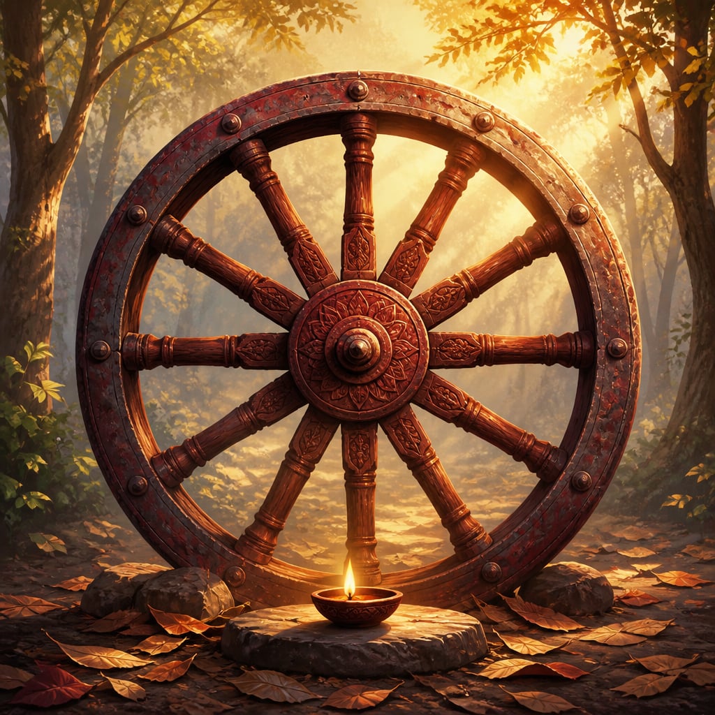 A great twelve-spoked Vedic chariot wheel in a forest grove at dawn
