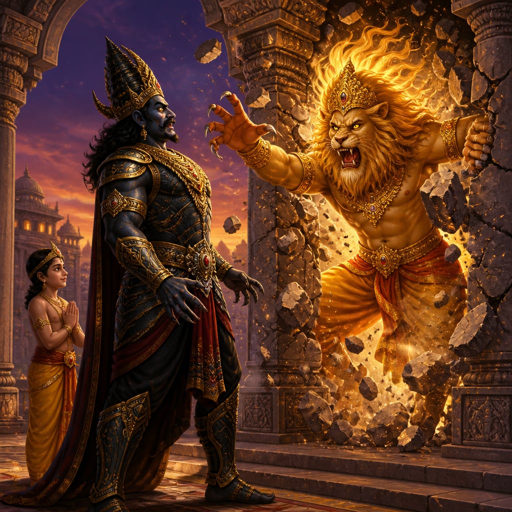 Narasimha bursts from the pillar to confront Hiranyakashipu at twilight