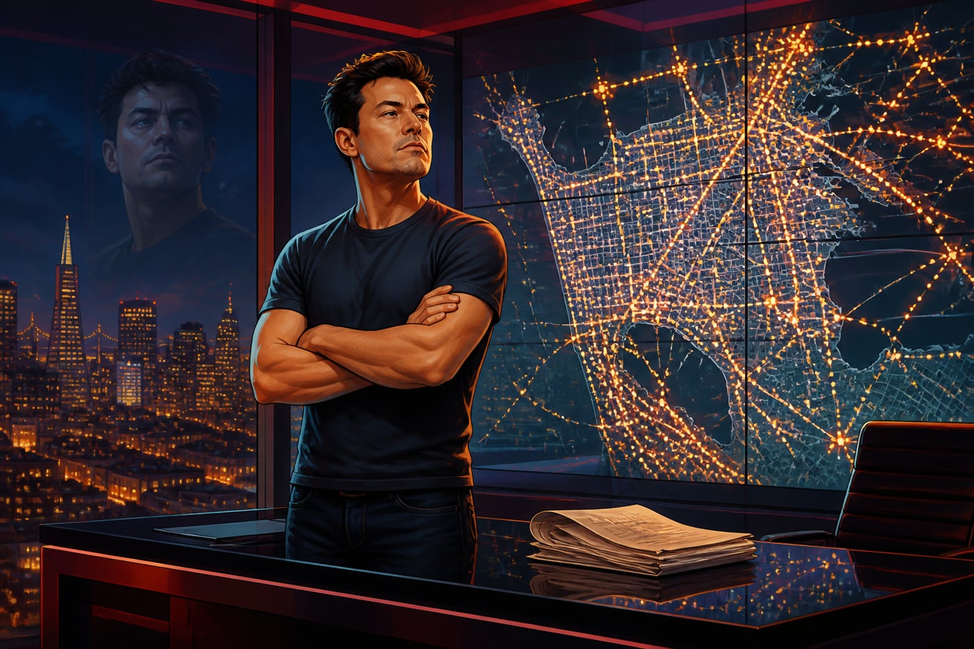 Travis Kalanick alone in his glass-walled office at night