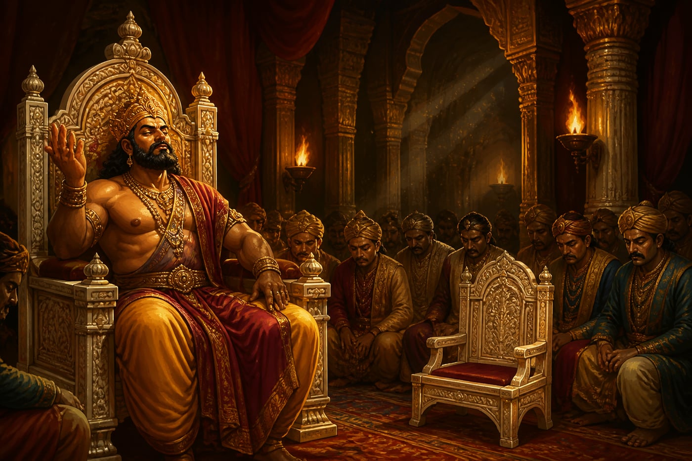 A Vedic king on his ivory throne dismissing his silent counselors