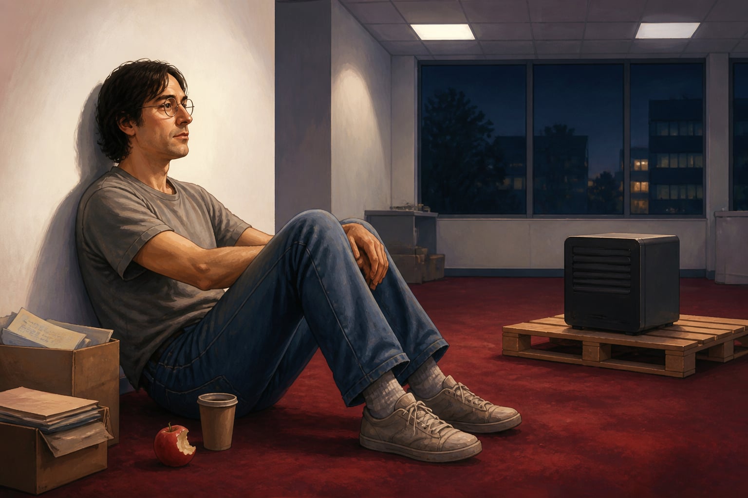Steve Jobs sitting on the floor of an empty NeXT office at night