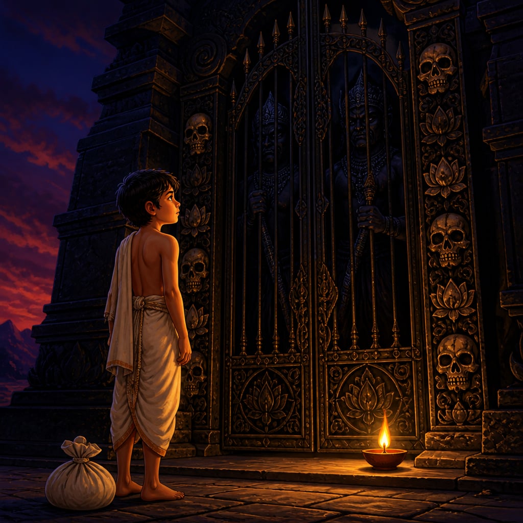 Nachiketa stands alone at the gate of Yama Loka