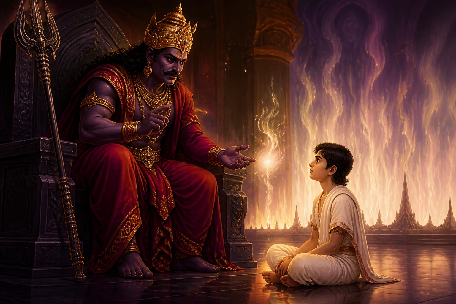 Yama instructing the boy Nachiketa in the still hall of death