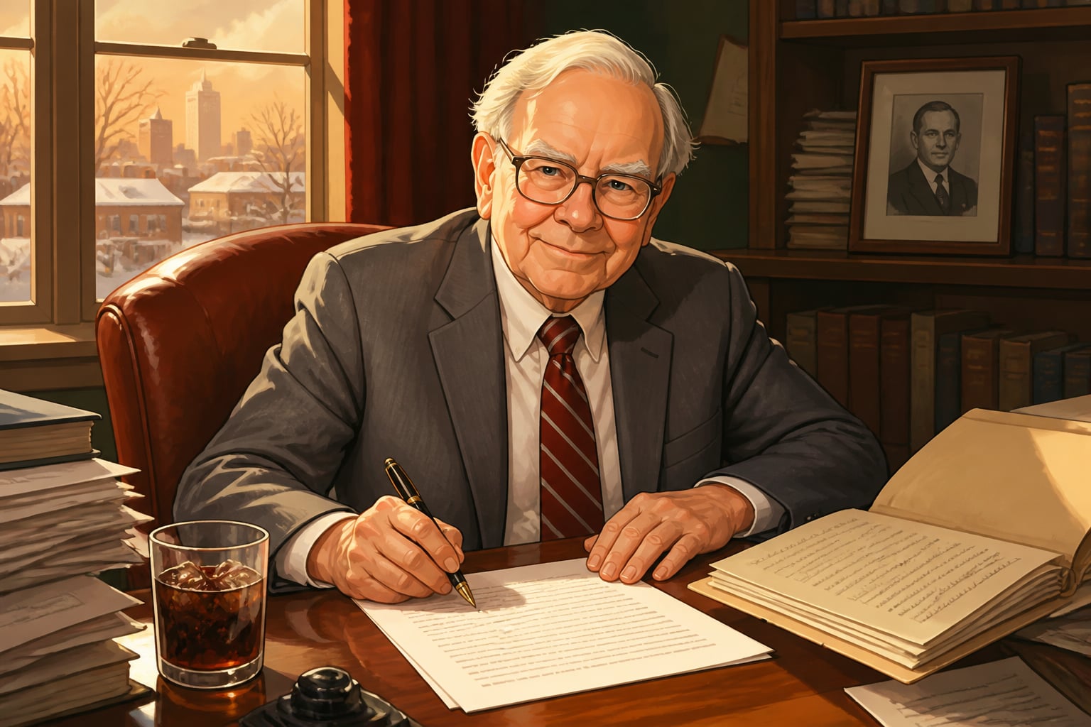 Warren Buffett writing his annual shareholder letter at his Omaha desk