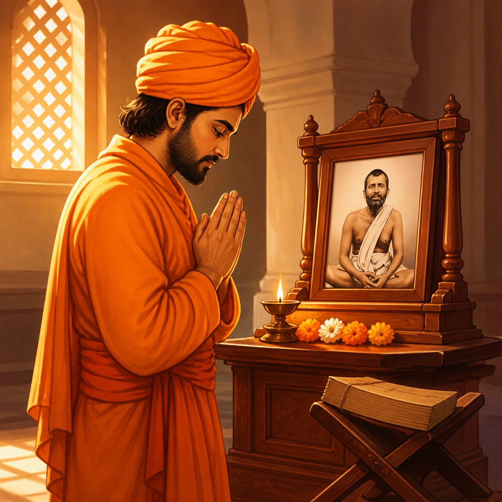 Swami Vivekananda offers pranama before a photograph of Sri Ramakrishna
