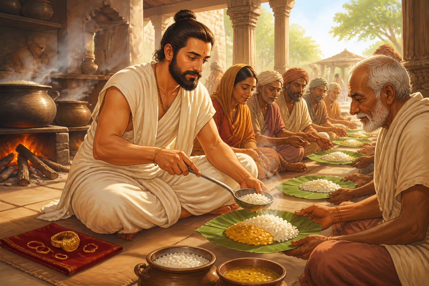 A councillor serving meals himself at a temple community kitchen