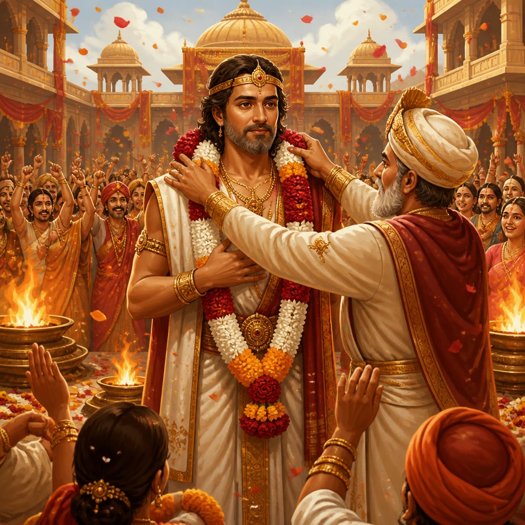 A Vedic king stands calm as his minister places a victory garland