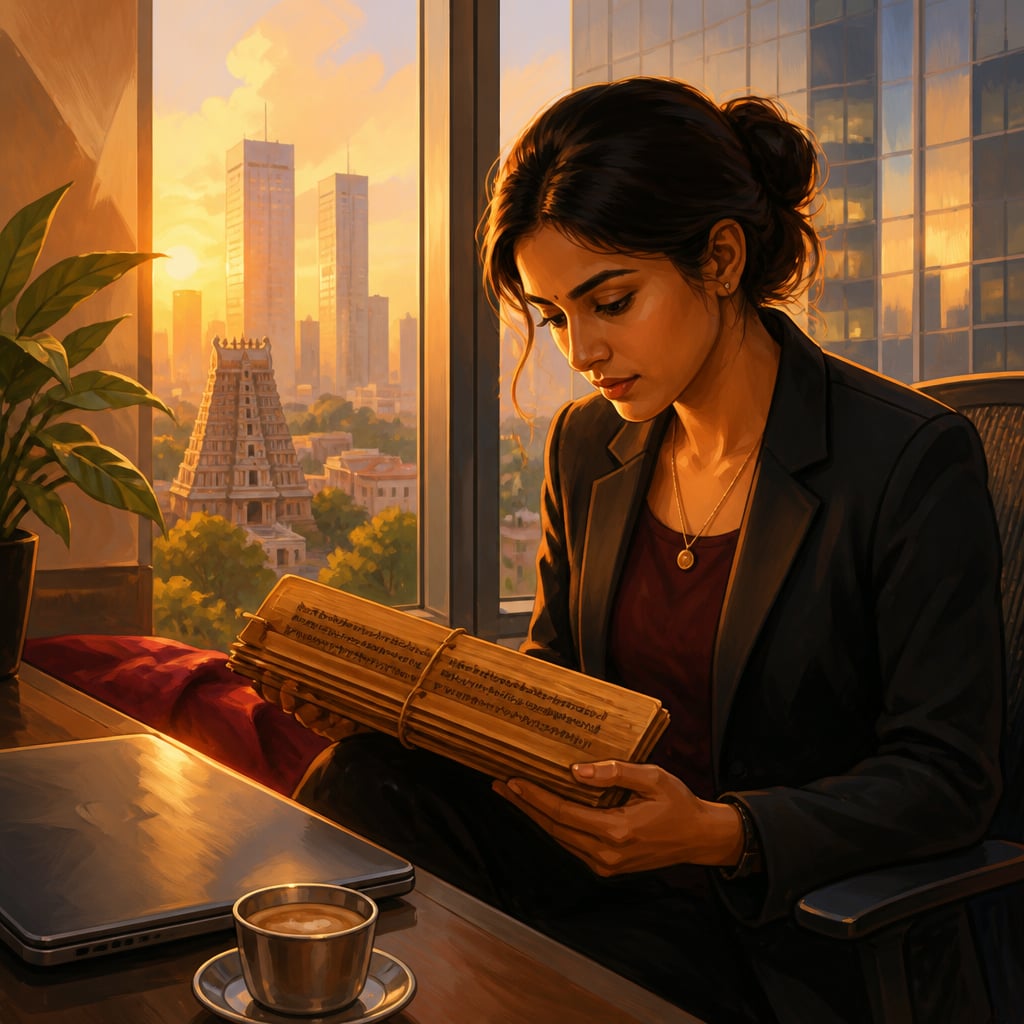 A young Bangalore professional reads from a palm-leaf manuscript at golden hour
