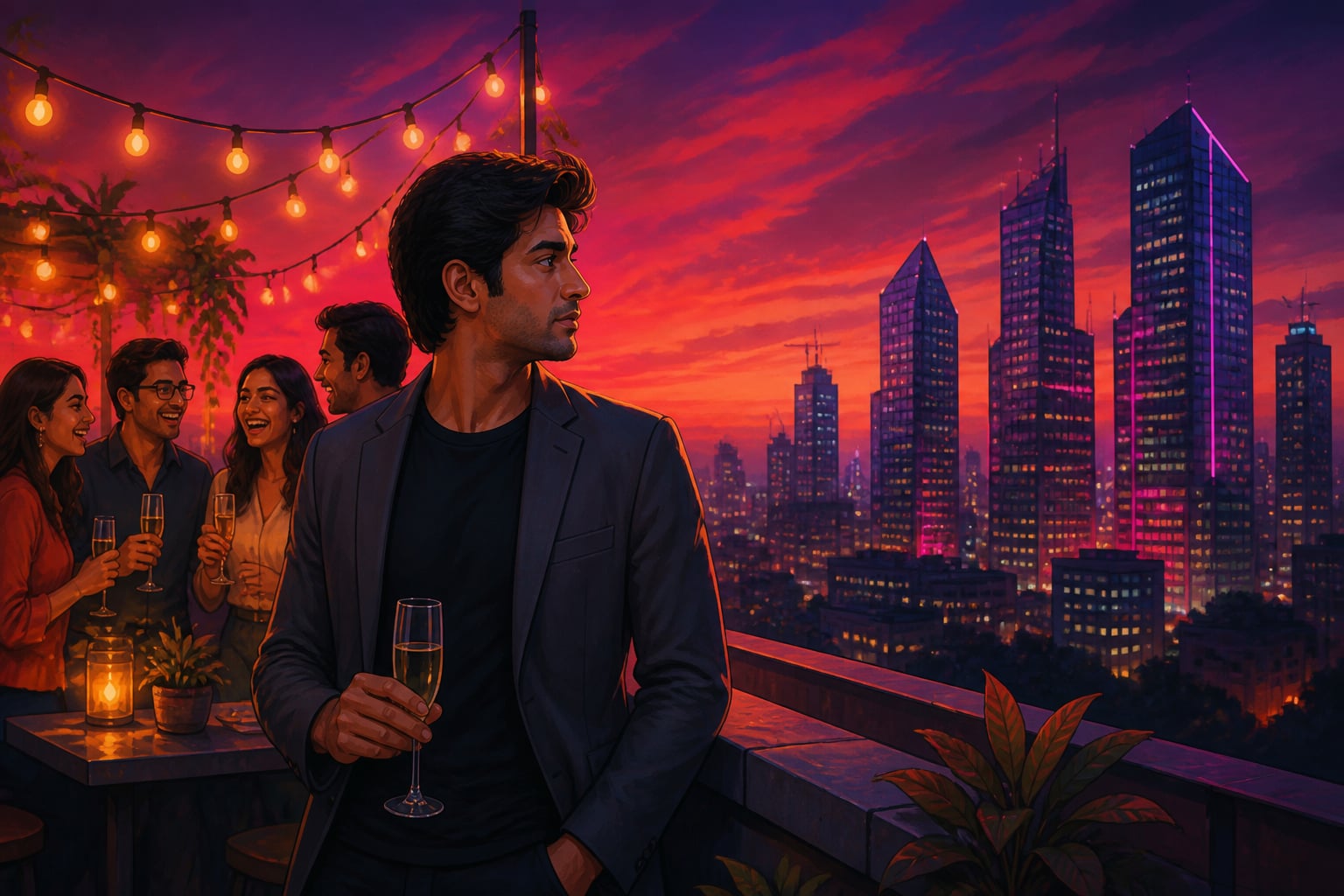 A startup founder on a rooftop at dusk watching new competitor lights