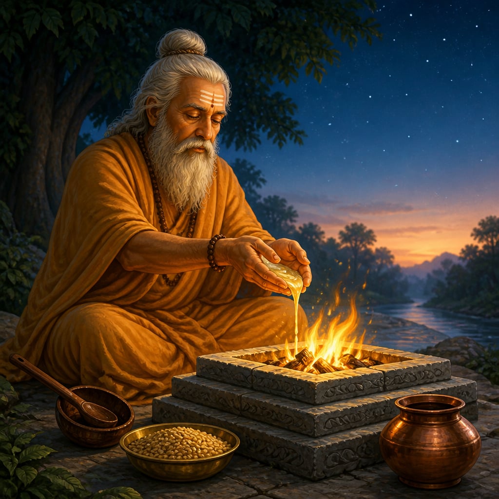 Vedic Rishi offering ghee to fire altar at pre-dawn