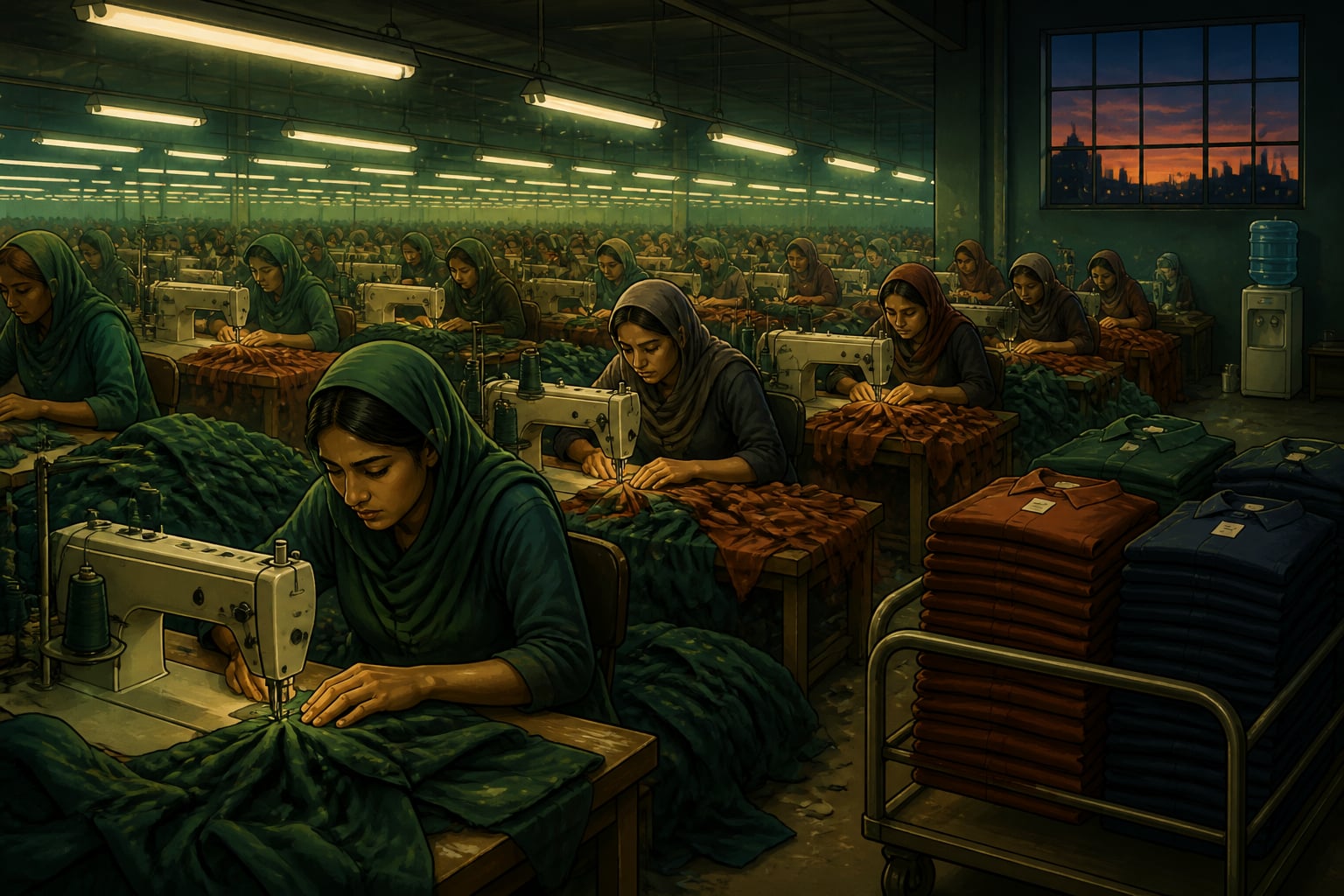 Crowded fast fashion garment factory at evening