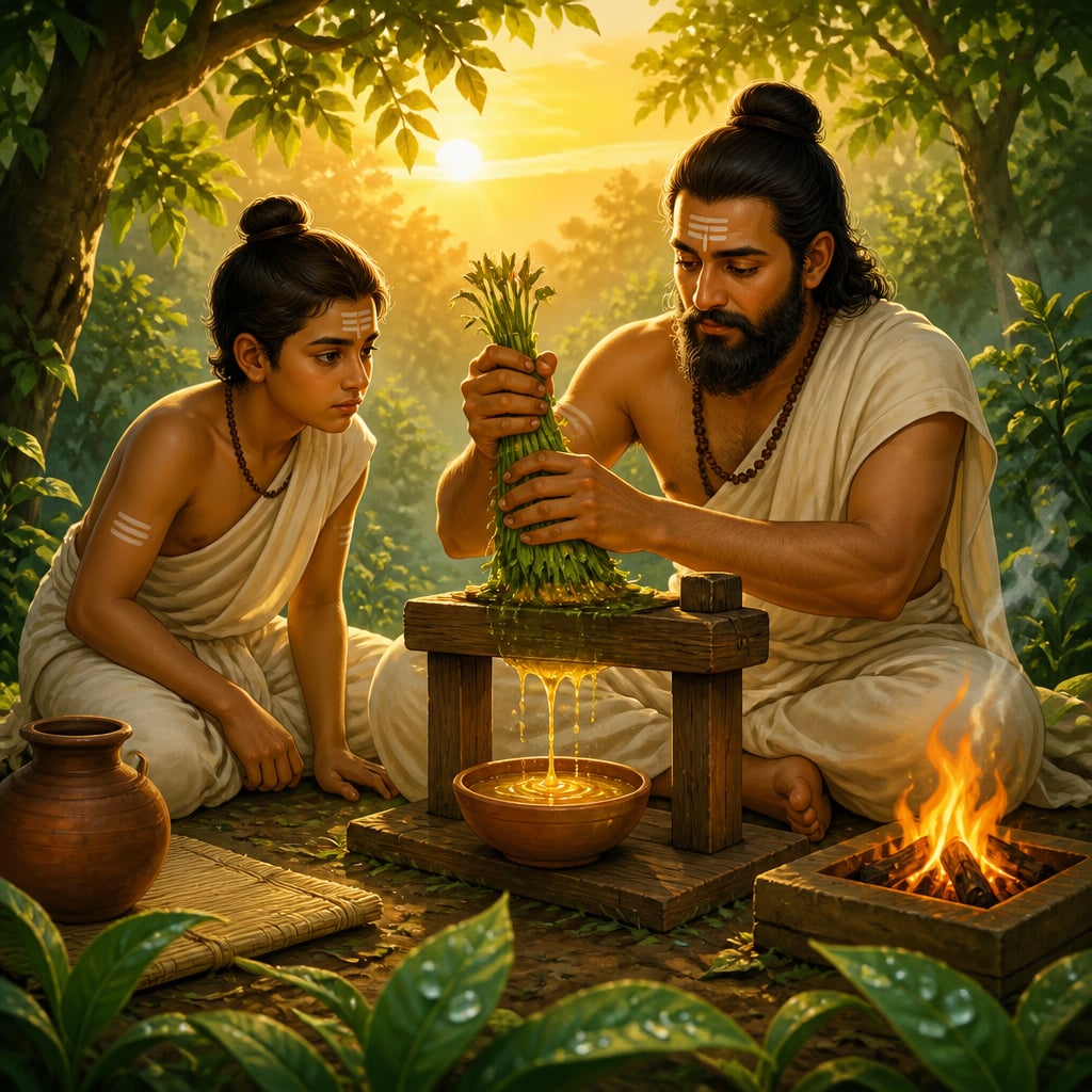 Guru and student before a pressed soma plant