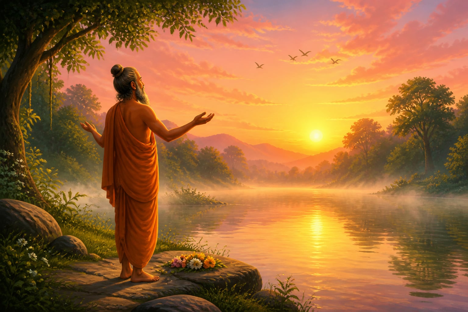 Vedic Rishi receiving the dawn on a riverbank