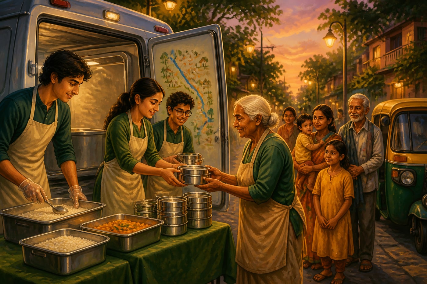 Volunteers transferring meal tiffins at dusk