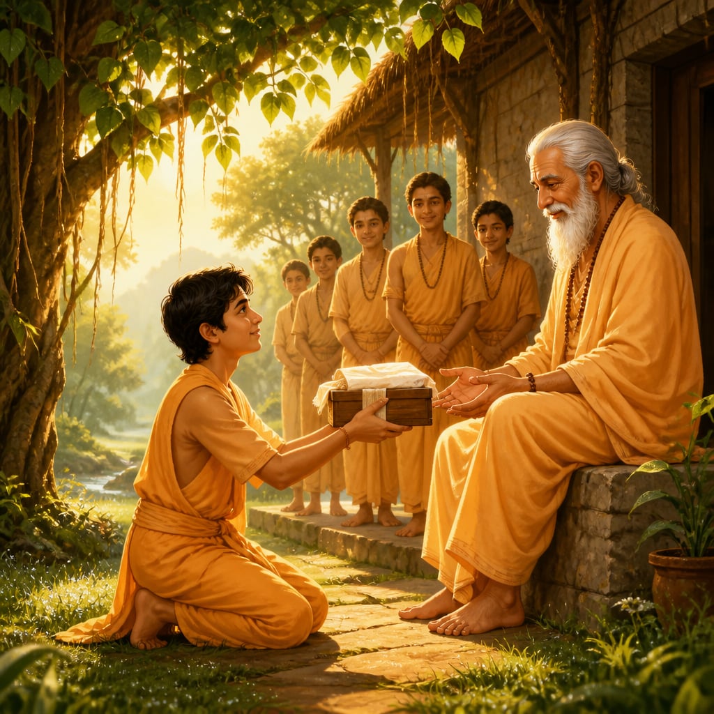 Student offering guru dakshina at ashram threshold