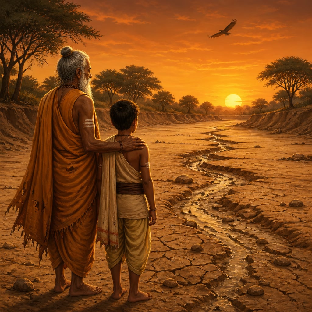 Vedic priest and student at the dry Saraswati riverbed