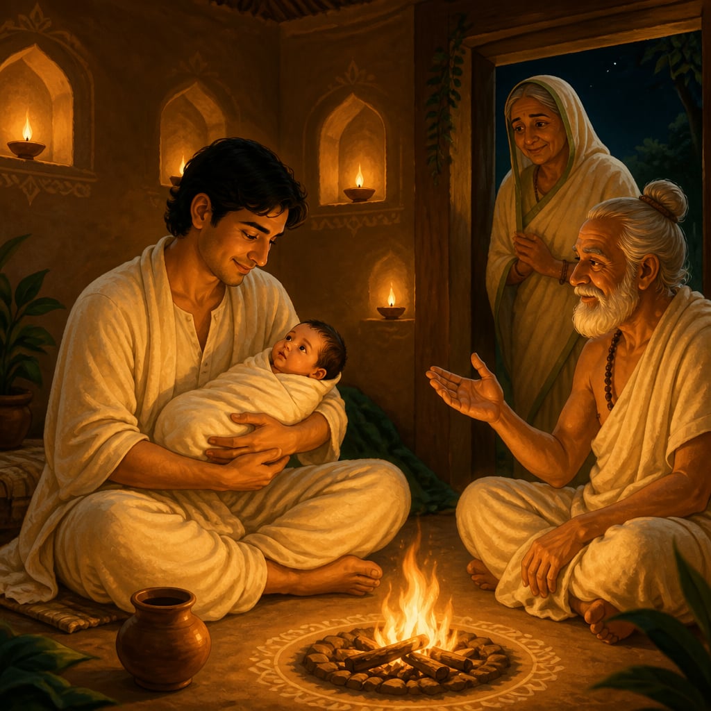 Father cradling newborn beside the birthing-room fire
