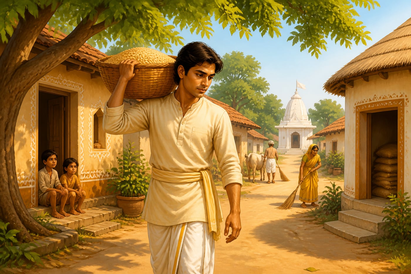 Villager carrying grain to community granary