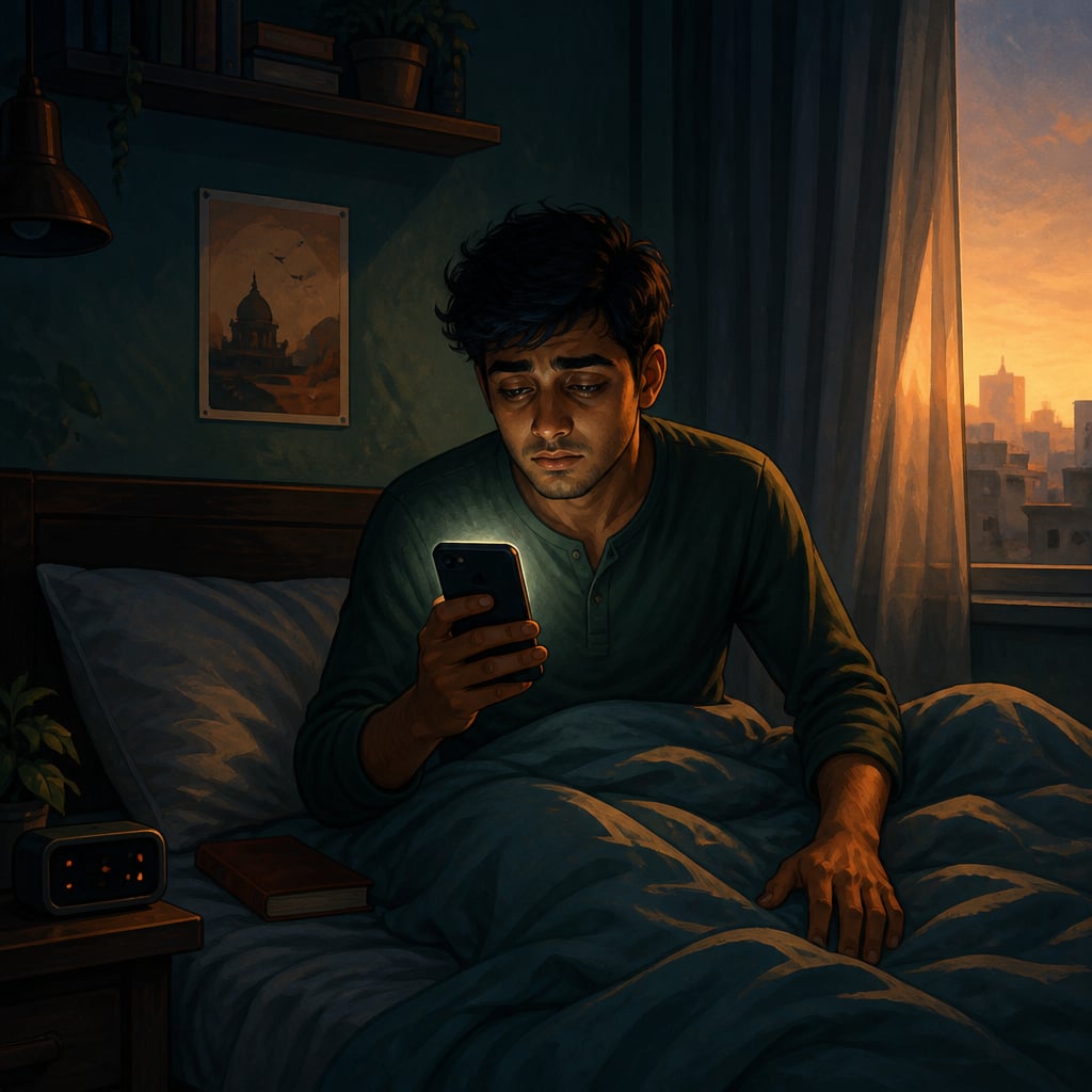 Young professional checking phone at 6 AM