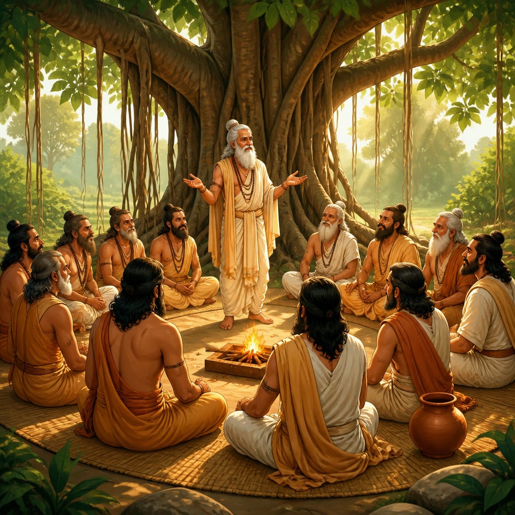 Vedic clan elders in assembly under banyan tree