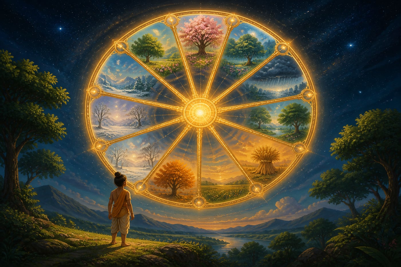 The twelve-spoked cosmic wheel of months turning across the night sky