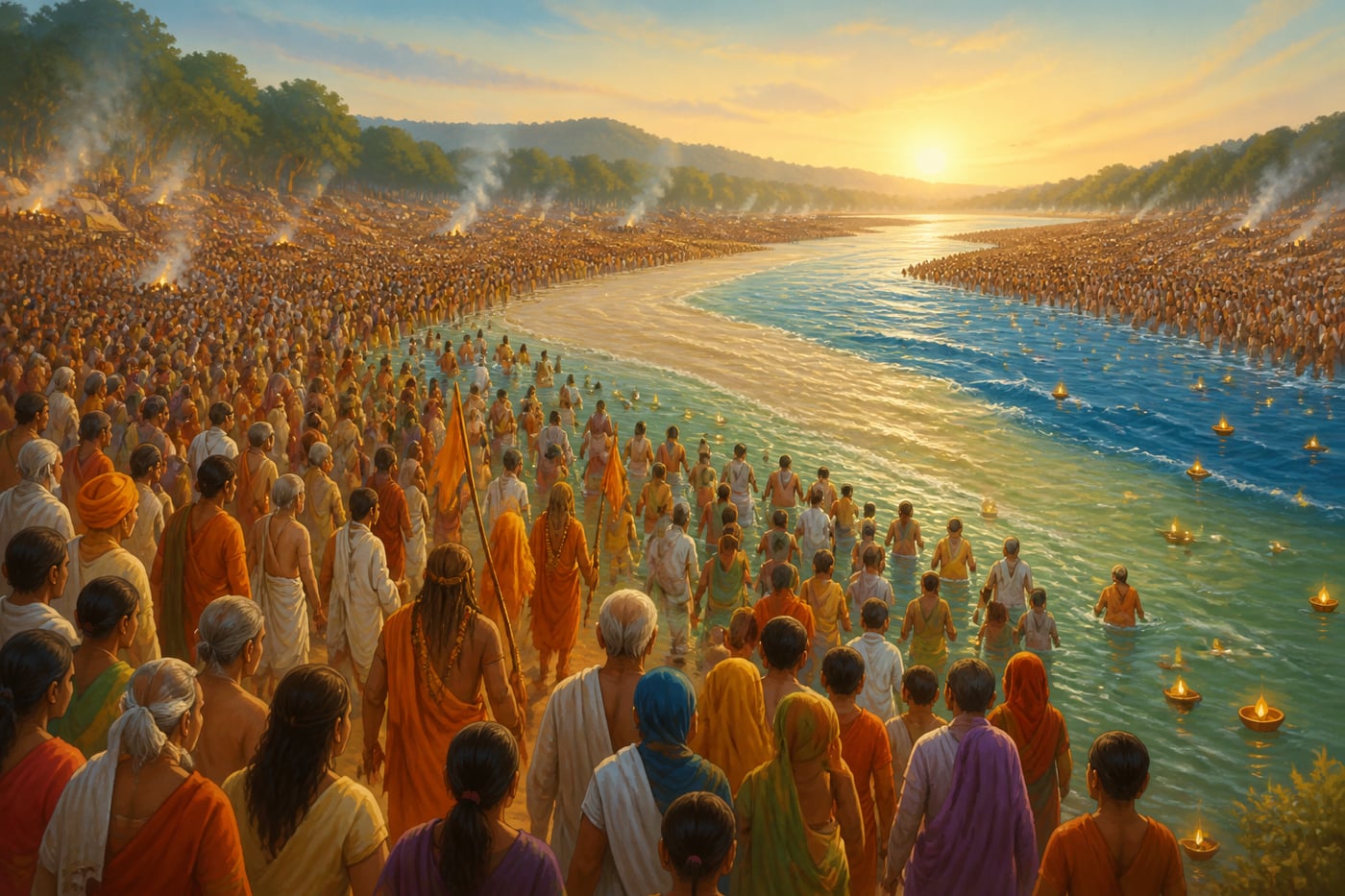 Millions of Kumbh Mela pilgrims converging at the sacred confluence