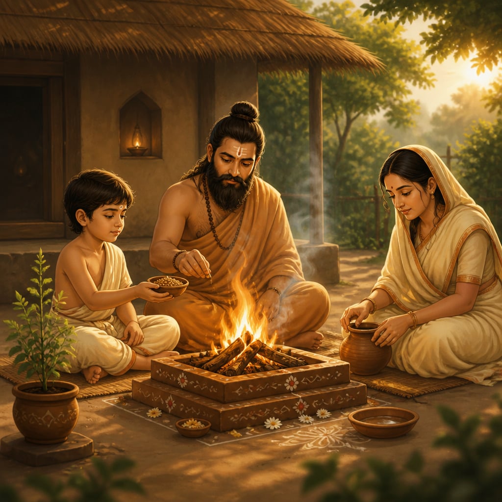 Vedic father and son at family hearth fire at first light