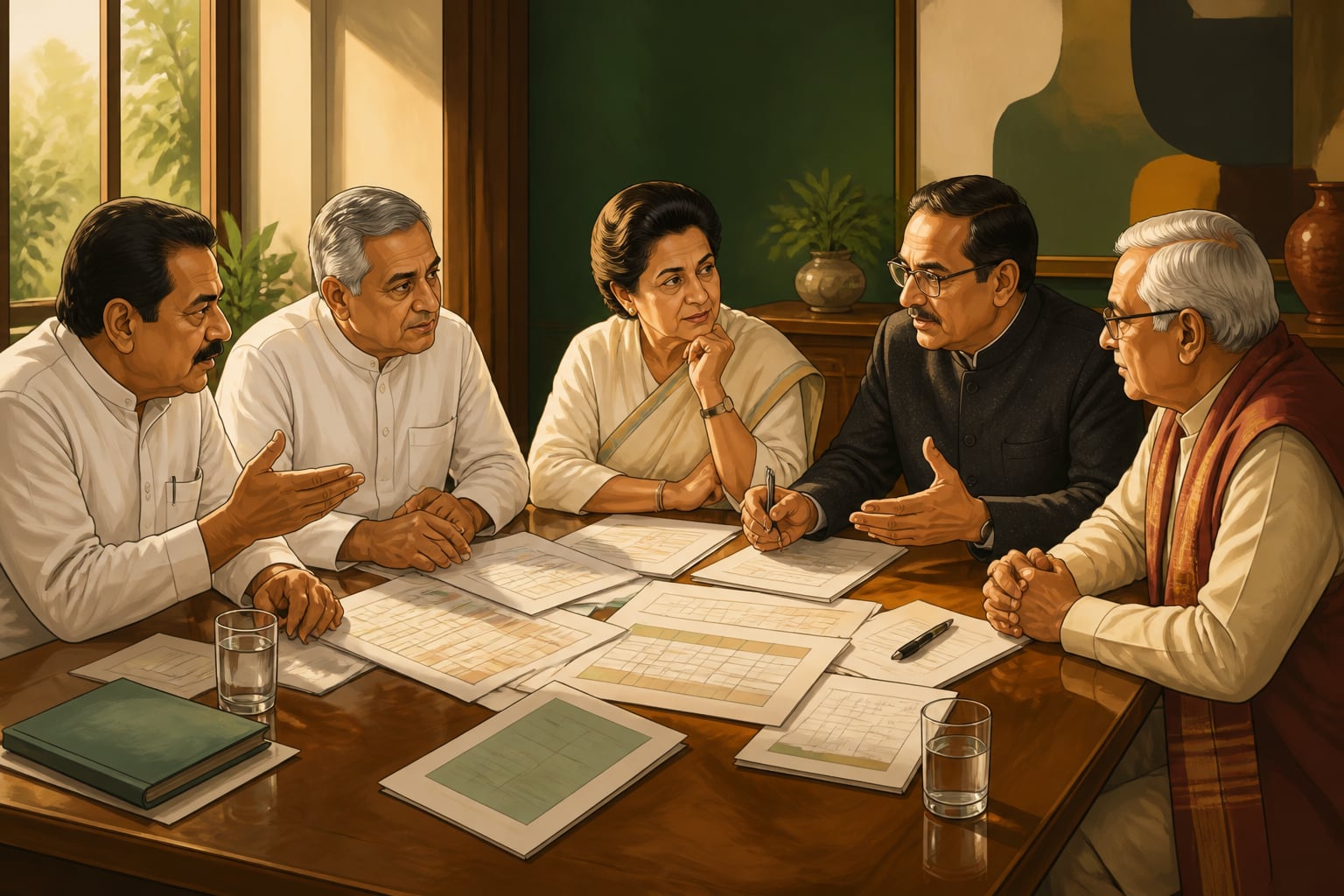 Indian coalition leaders negotiating around a wooden table