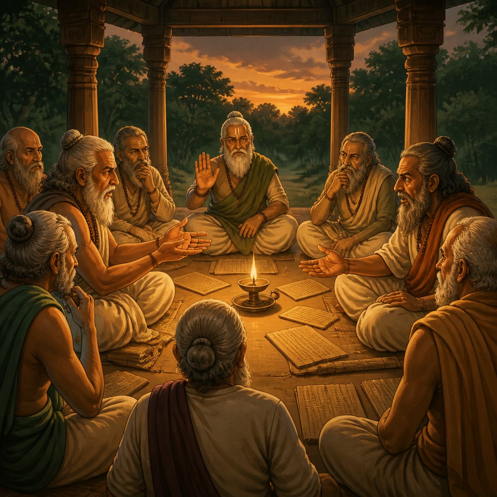 Vedic council elders in a three-day debate at dusk