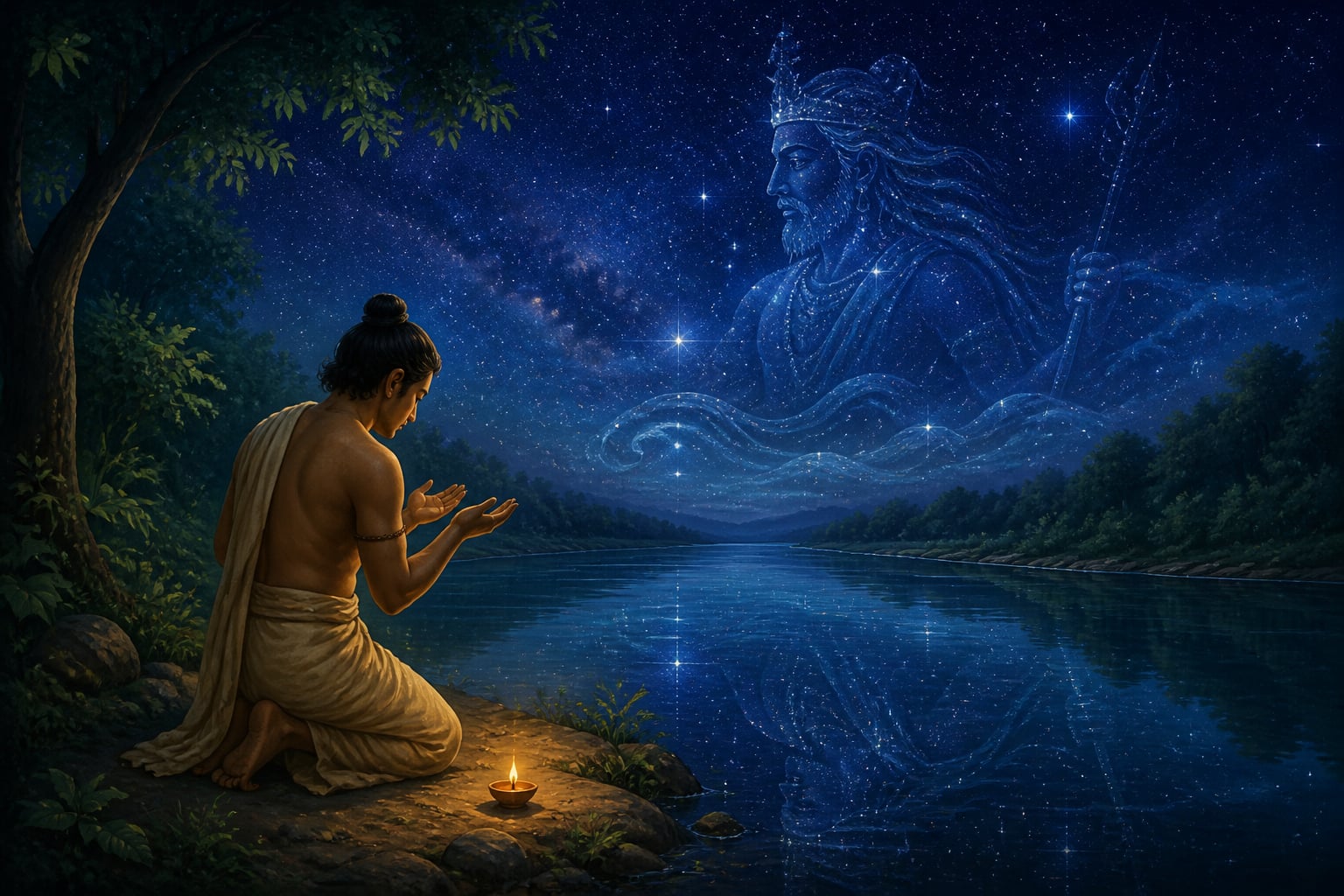 A Vedic supplicant asking forgiveness from Varuna at the riverbank