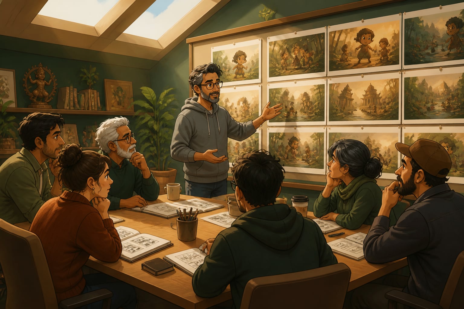 A Pixar Braintrust meeting reviewing storyboards