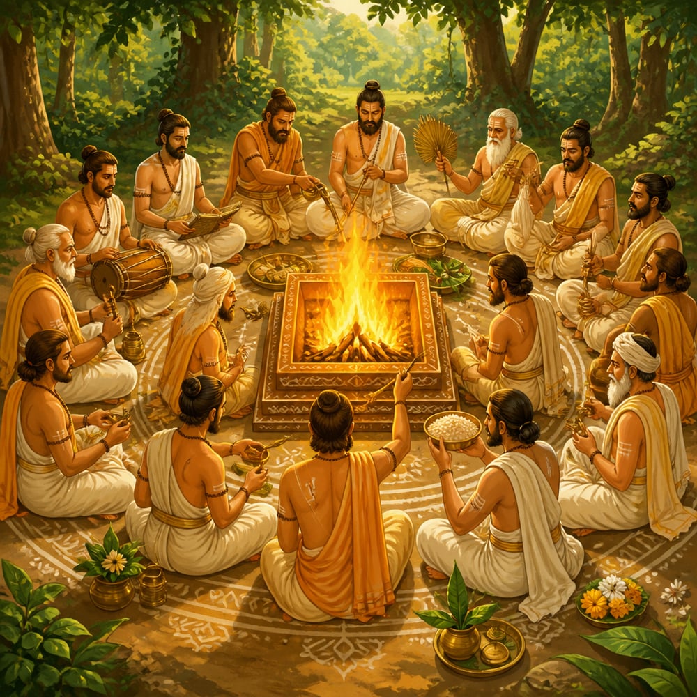 Sixteen Vedic priests performing yajna around a central fire