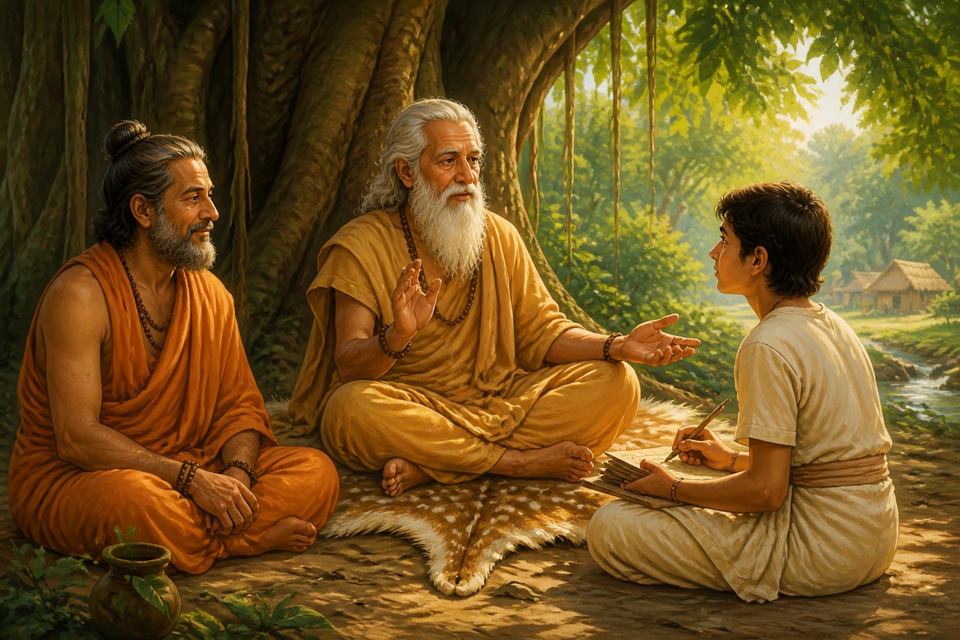 An aged guru transmitting teaching to a young student