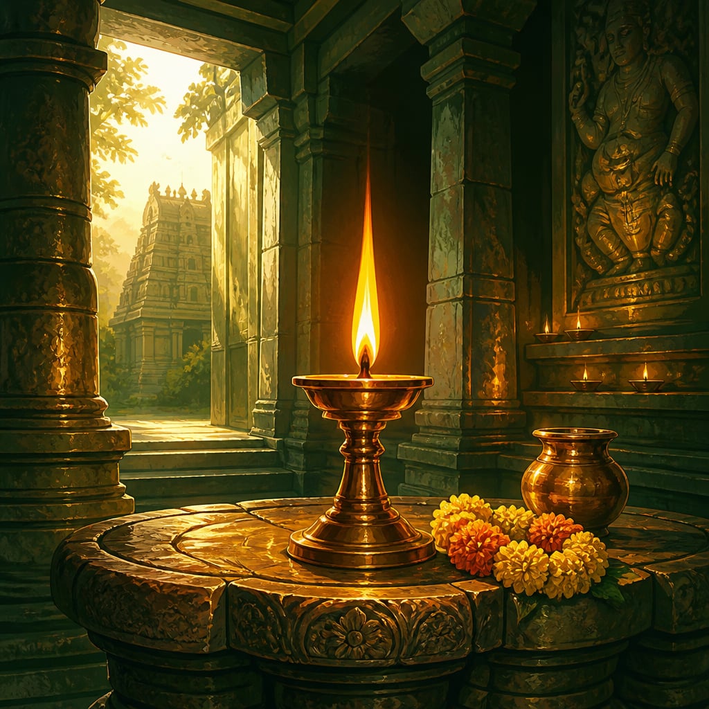 Eternal flame in an ancient South Indian stone temple sanctum