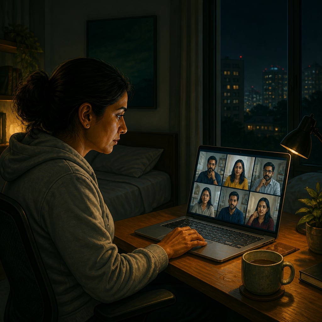 Modern Indian professional alone at night with a laptop of video calls