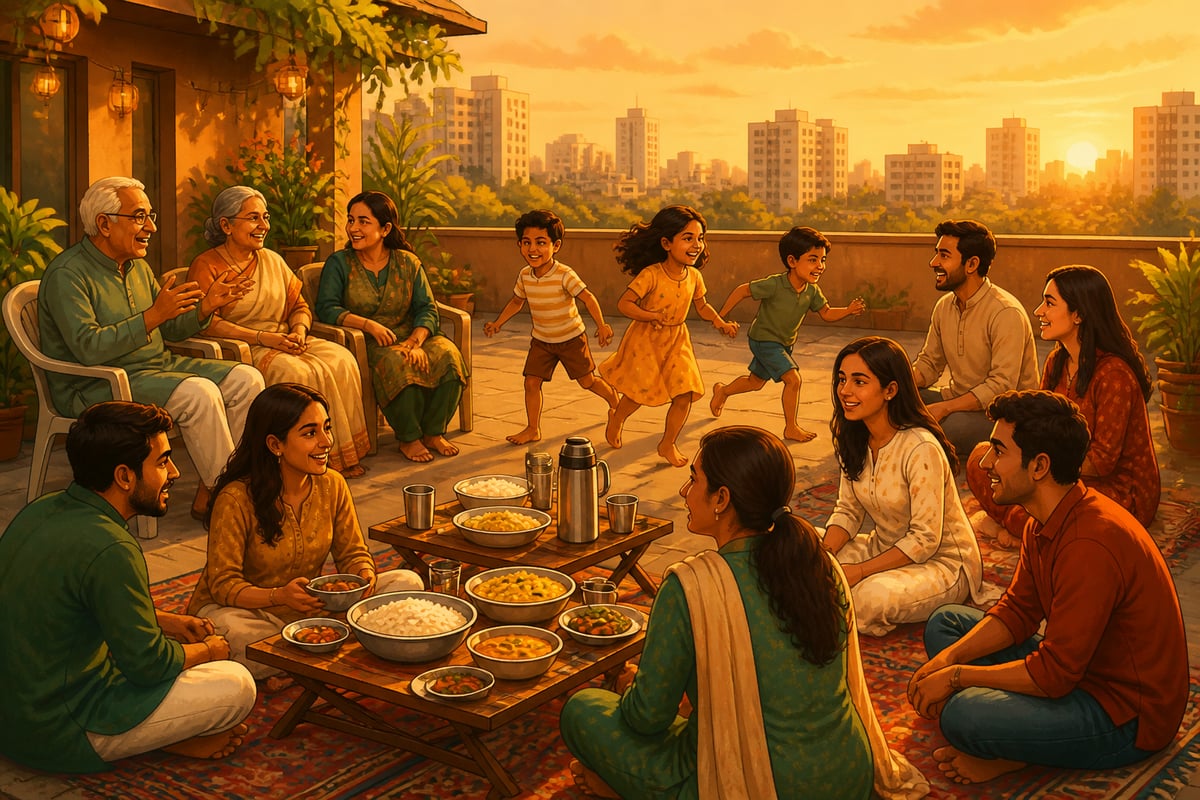 A rooftop community Sunday meal in an Indian apartment complex