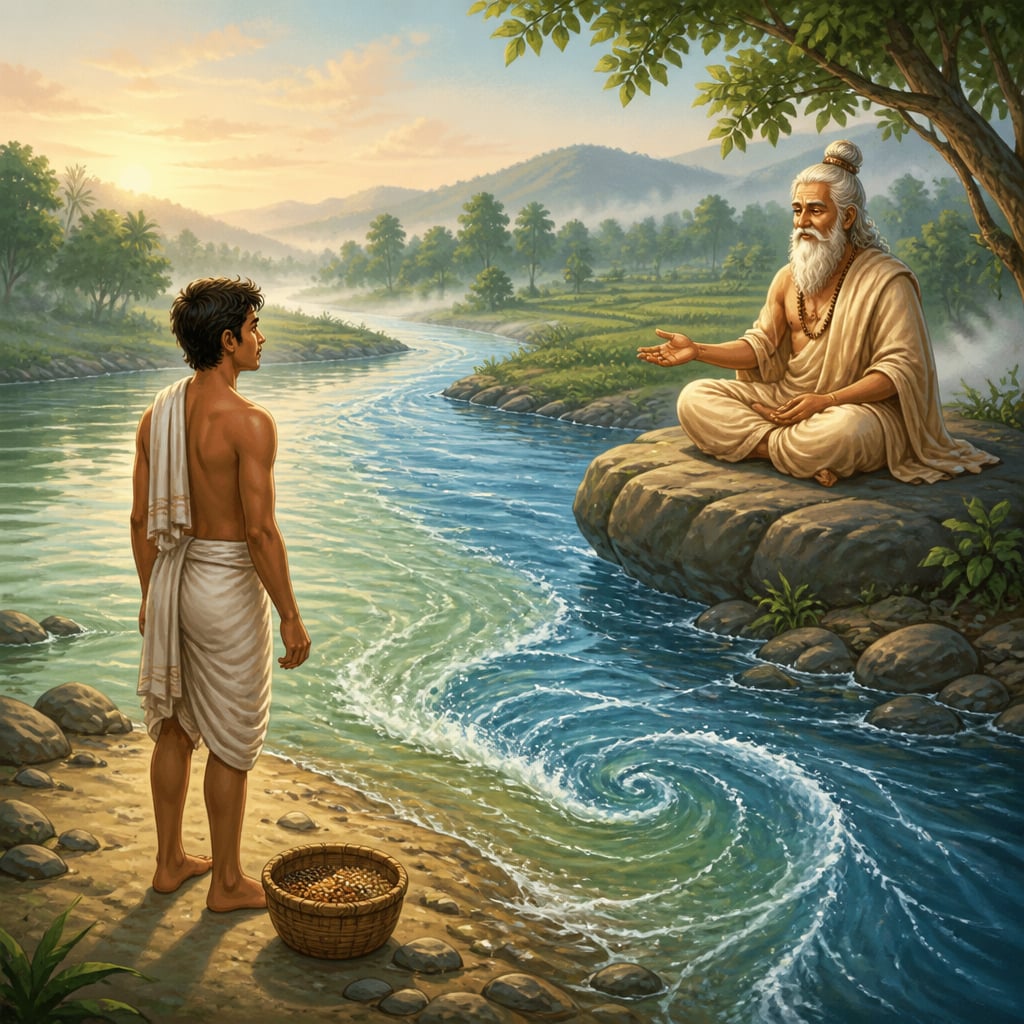 A farmer meeting a Rishi at the river confluence