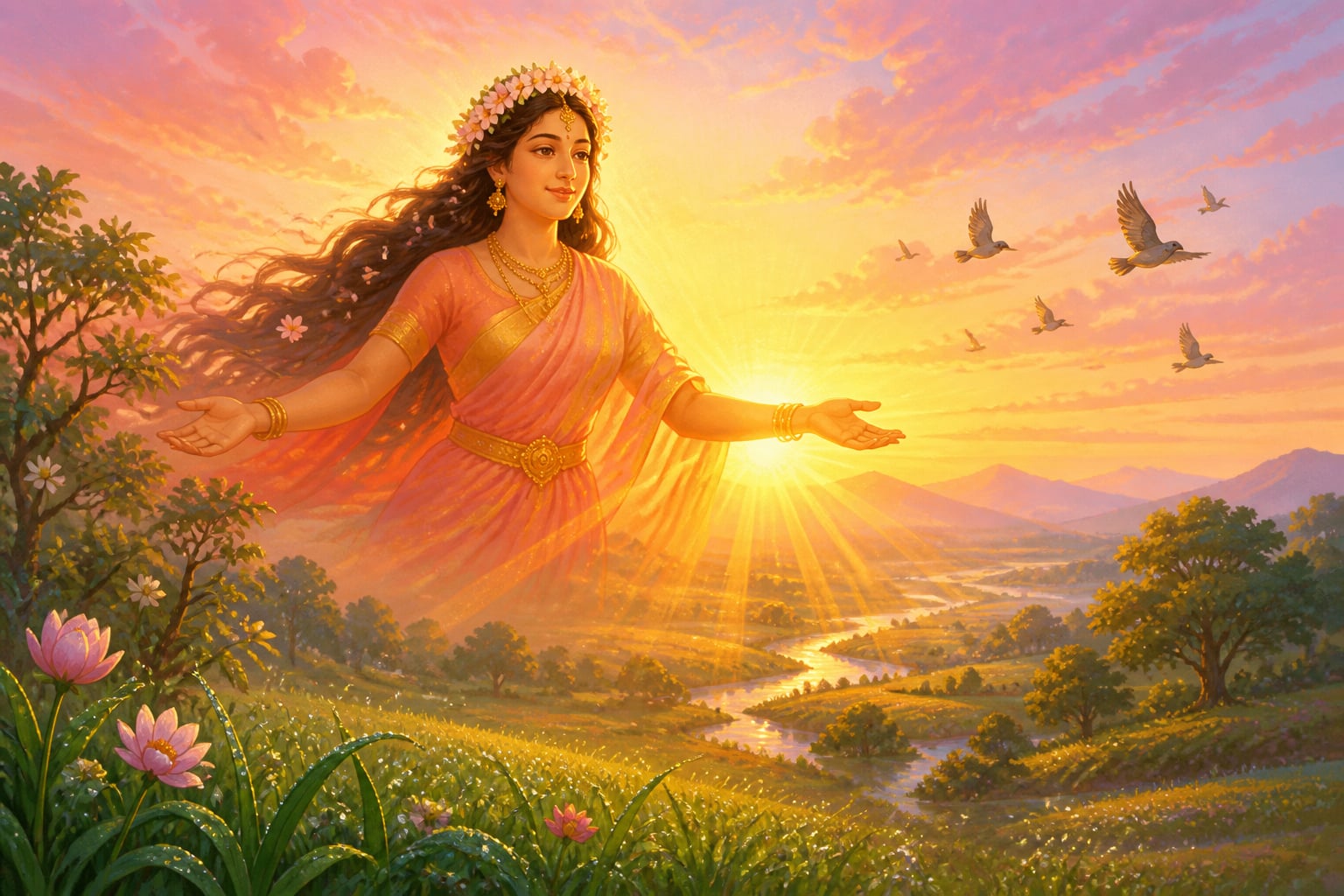 Ushas the goddess of dawn rising over the wide earth