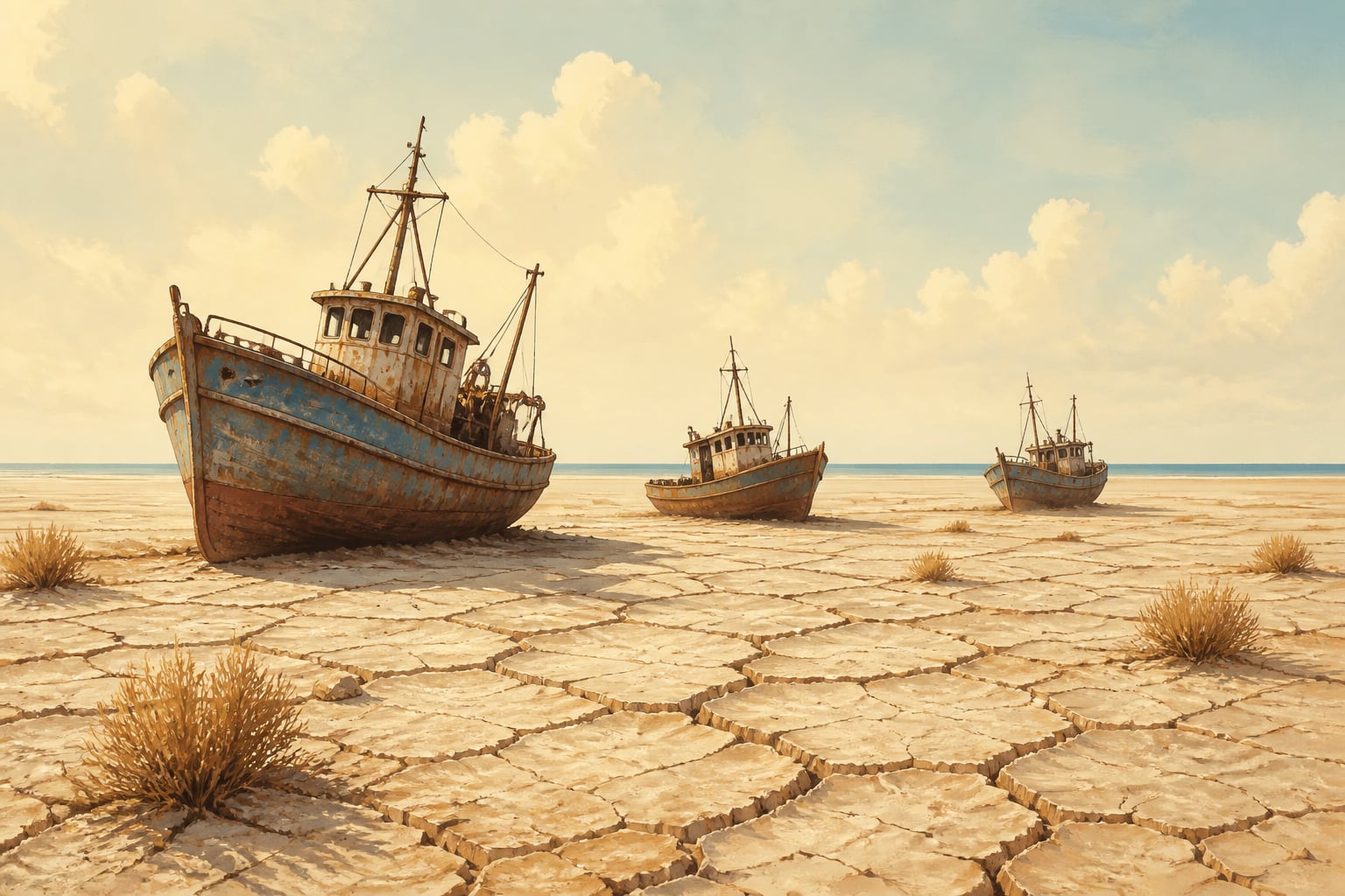 The drained Aral Sea with stranded fishing boats on dry seabed