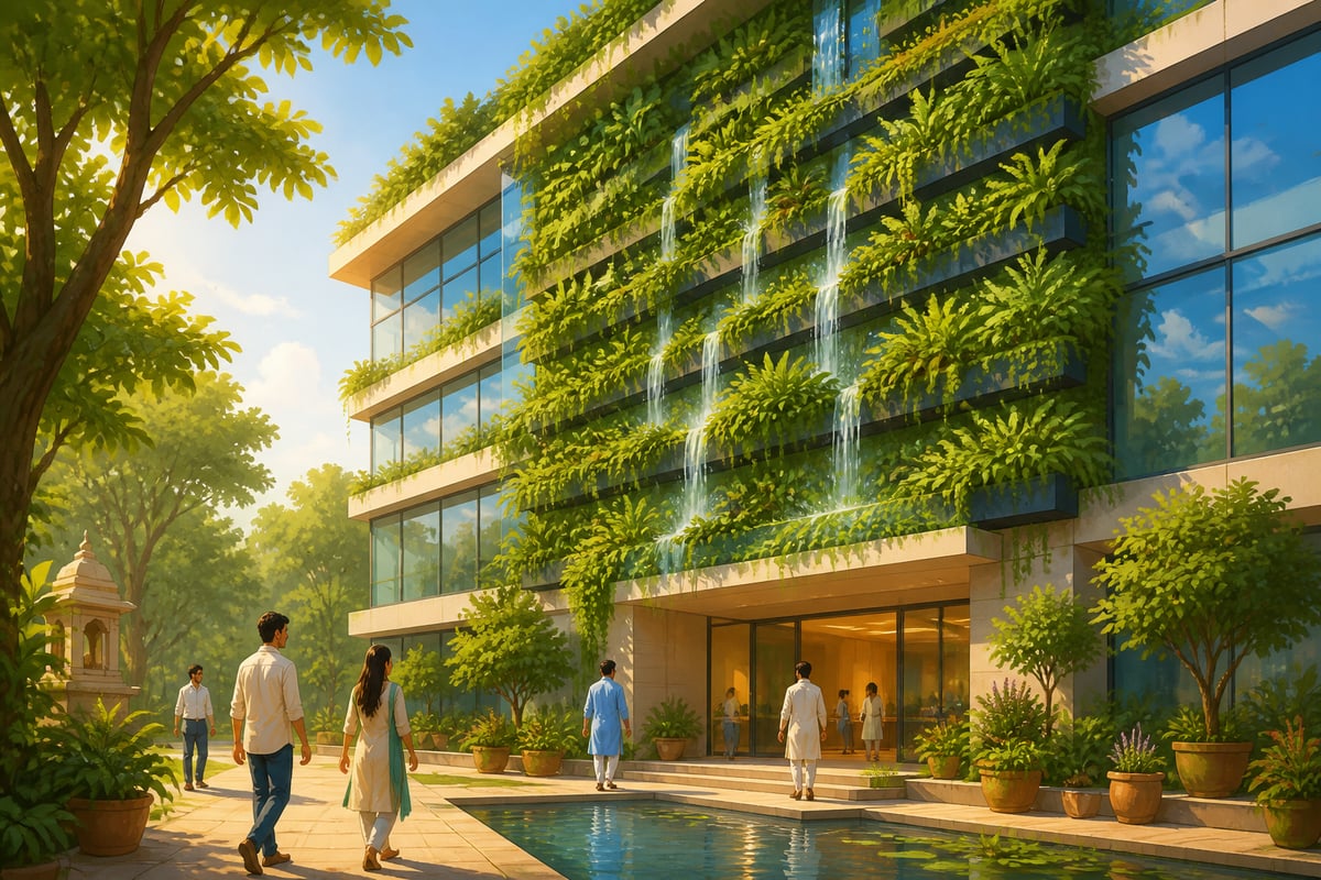 A modern building with integrated living plant walls and natural light