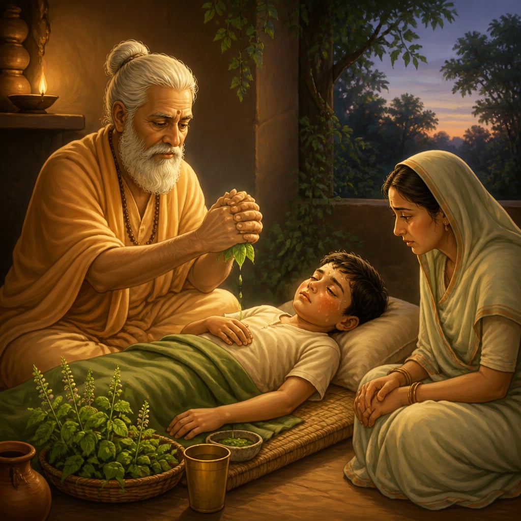 An old Vaidya treating a feverish young man