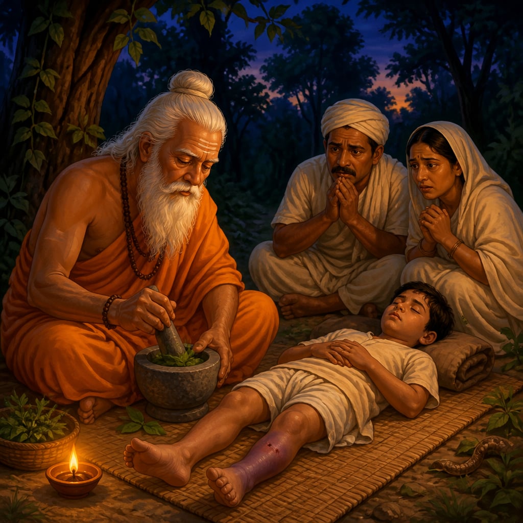 A Rishi tending to a snakebitten boy at dusk